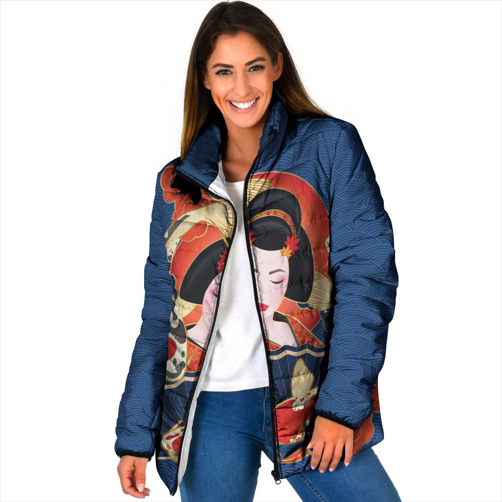 Japanese Geisha Koi Fish Padded Jacket Cherry Blossoms Blue Seigaiha Pattern - Polynesian Pride
