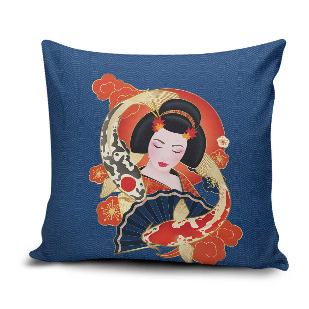 Japanese Geisha Koi Fish Pillow Cover Cherry Blossoms Blue Seigaiha Pattern - Polynesian Pride