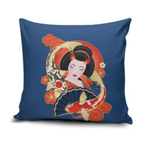 Japanese Geisha Koi Fish Pillow Cover Cherry Blossoms Blue Seigaiha Pattern - Polynesian Pride