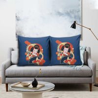 Japanese Geisha Koi Fish Pillow Cover Cherry Blossoms Blue Seigaiha Pattern - Polynesian Pride
