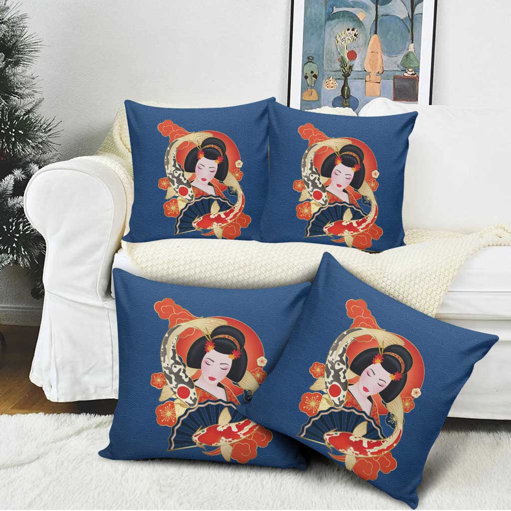 Japanese Geisha Koi Fish Pillow Cover Cherry Blossoms Blue Seigaiha Pattern - Polynesian Pride