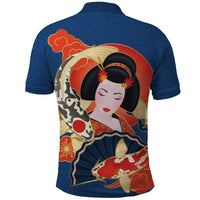 Japanese Geisha Koi Fish Polo Shirt Cherry Blossoms Blue Seigaiha Pattern - Polynesian Pride