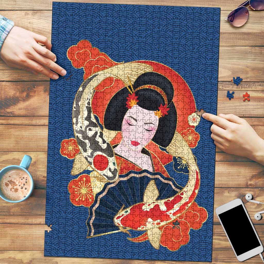 Japanese Geisha Koi Fish Puzzle Cherry Blossoms Blue Seigaiha Pattern - Polynesian Pride