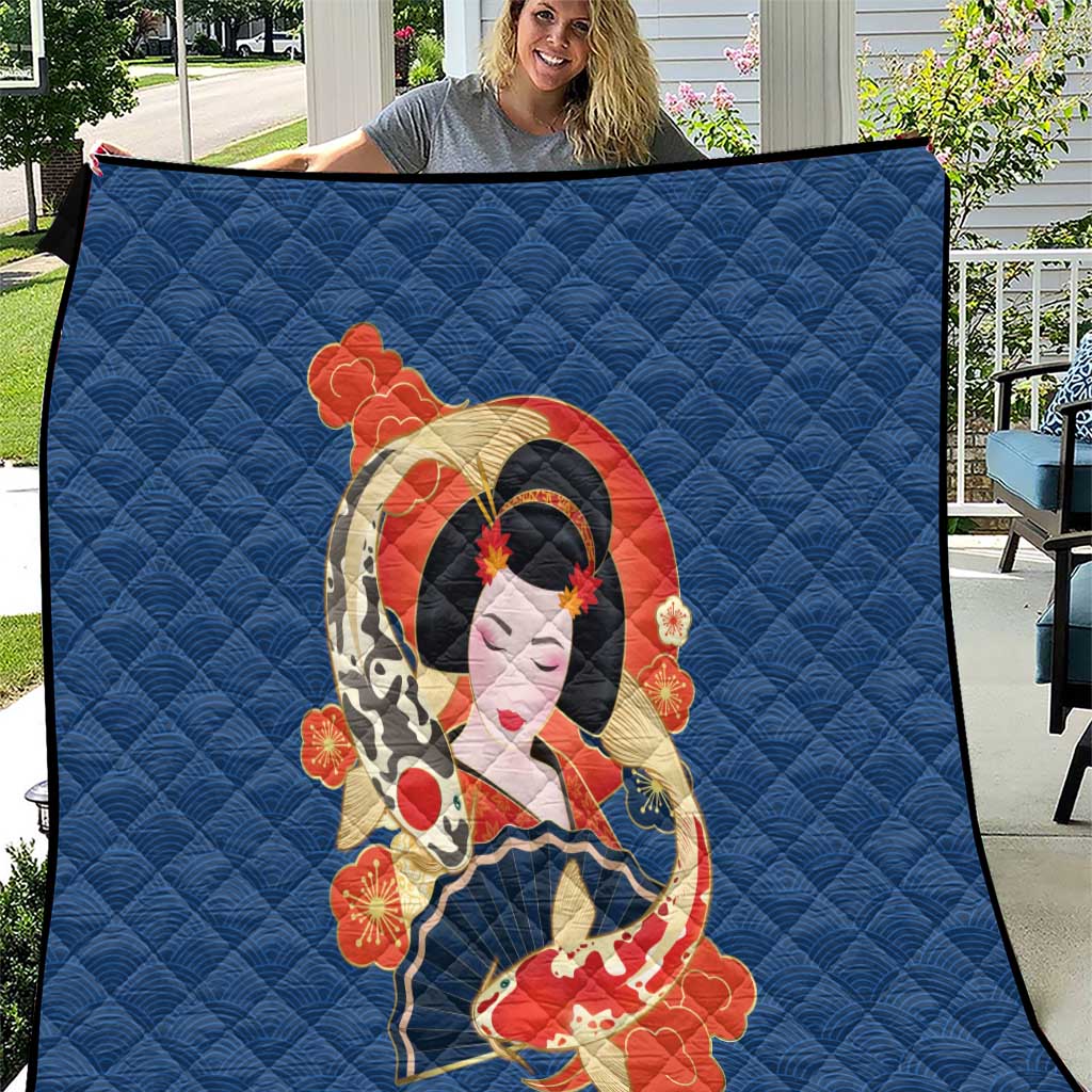 Japanese Geisha Koi Fish Quilt Cherry Blossoms Blue Seigaiha Pattern LT14 Blue - Polynesian Pride