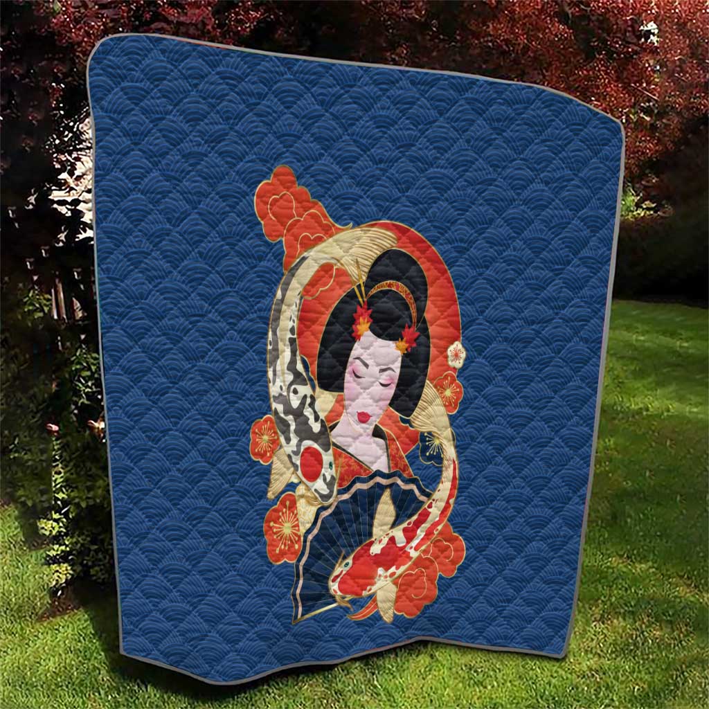 Japanese Geisha Koi Fish Quilt Cherry Blossoms Blue Seigaiha Pattern - Polynesian Pride