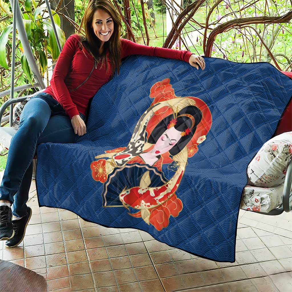 Japanese Geisha Koi Fish Quilt Cherry Blossoms Blue Seigaiha Pattern - Polynesian Pride