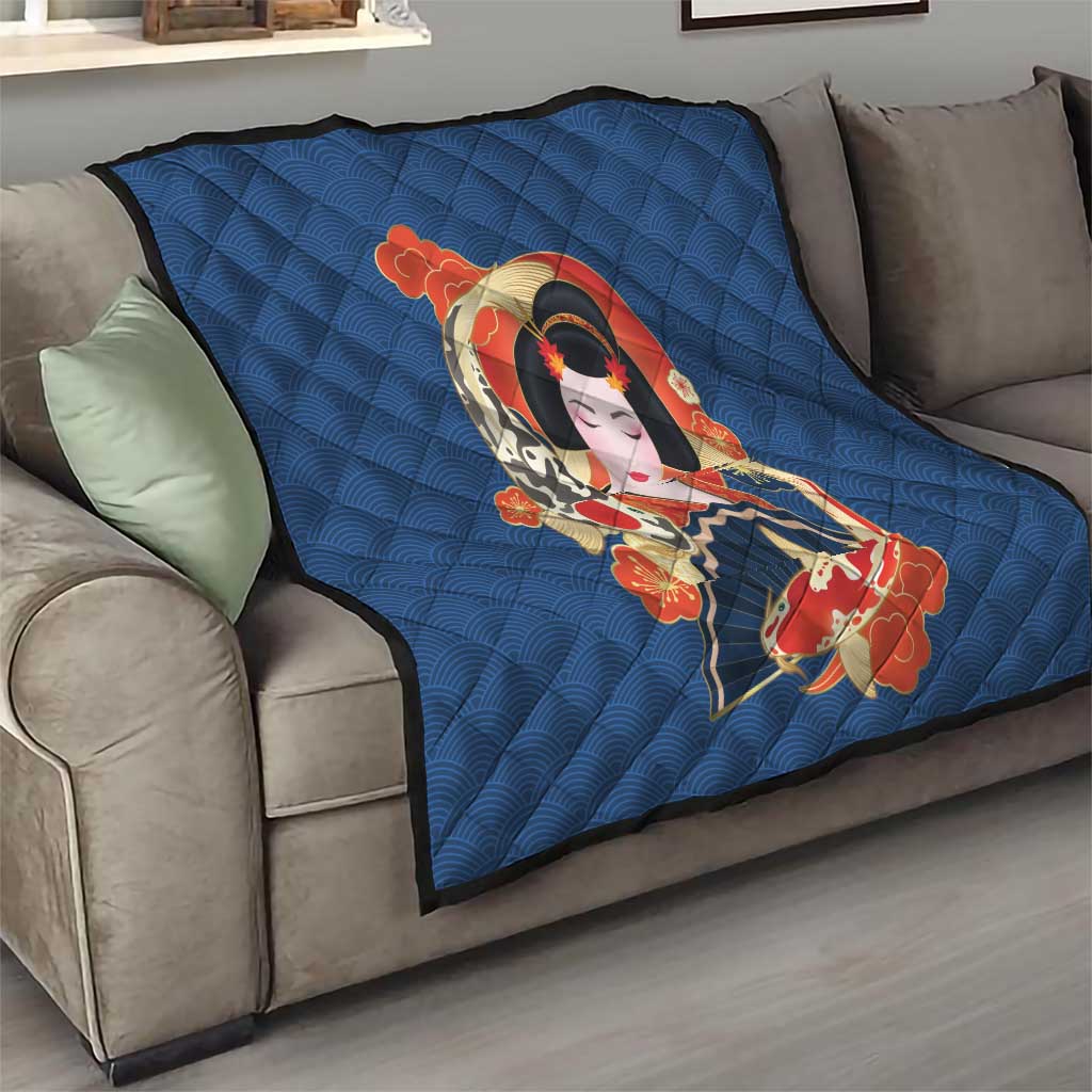 Japanese Geisha Koi Fish Quilt Cherry Blossoms Blue Seigaiha Pattern - Polynesian Pride