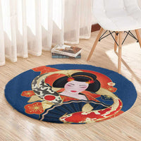 Japanese Geisha Koi Fish Round Carpet Cherry Blossoms Blue Seigaiha Pattern - Polynesian Pride