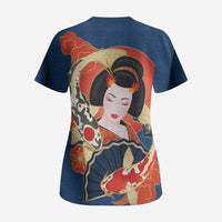 Japanese Geisha Koi Fish Scrub Top Cherry Blossoms Blue Seigaiha Pattern - Polynesian Pride
