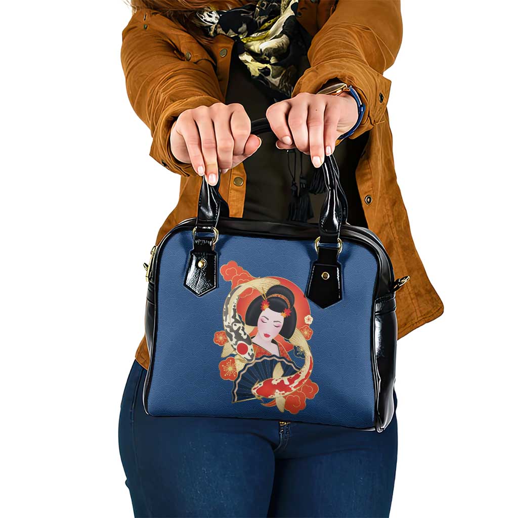 Japanese Geisha Koi Fish Shoulder Handbag Cherry Blossoms Blue Seigaiha Pattern - Polynesian Pride