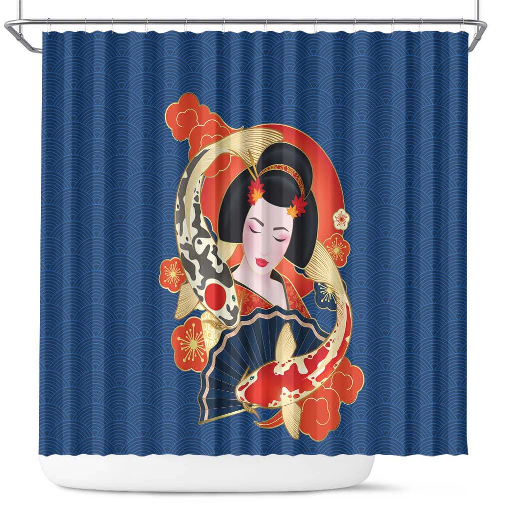 Japanese Geisha Koi Fish Shower Curtain Cherry Blossoms Blue Seigaiha Pattern - Polynesian Pride