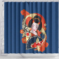 Japanese Geisha Koi Fish Shower Curtain Cherry Blossoms Blue Seigaiha Pattern - Polynesian Pride