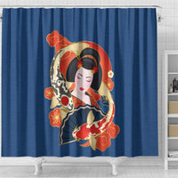 Japanese Geisha Koi Fish Shower Curtain Cherry Blossoms Blue Seigaiha Pattern - Polynesian Pride
