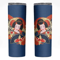 Japanese Geisha Koi Fish Skinny Tumbler Cherry Blossoms Blue Seigaiha Pattern - Polynesian Pride
