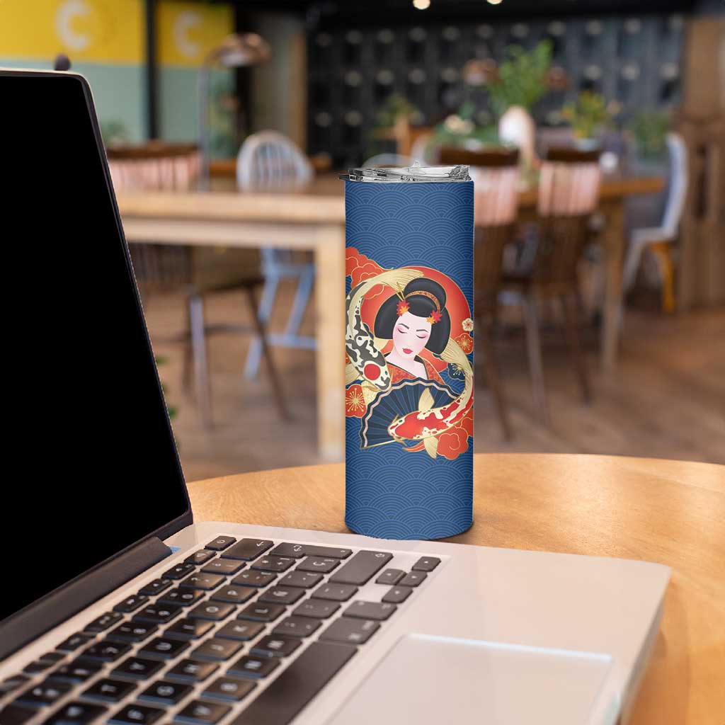 Japanese Geisha Koi Fish Skinny Tumbler Cherry Blossoms Blue Seigaiha Pattern - Polynesian Pride