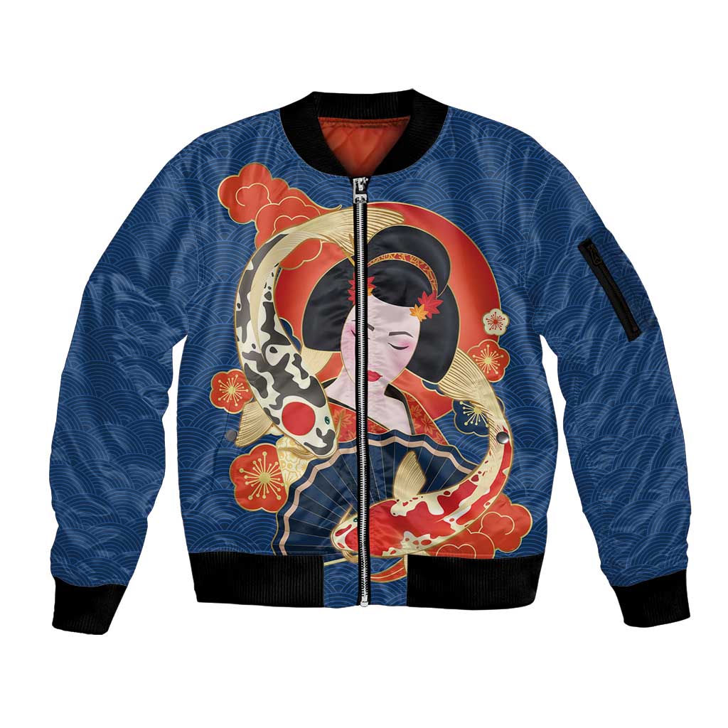 Japanese Geisha Koi Fish Sleeve Zip Bomber Jacket Cherry Blossoms Blue Seigaiha Pattern - Polynesian Pride