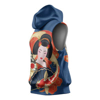 Japanese Geisha Koi Fish Sleeveless Hoodie Cherry Blossoms Blue Seigaiha Pattern - Polynesian Pride