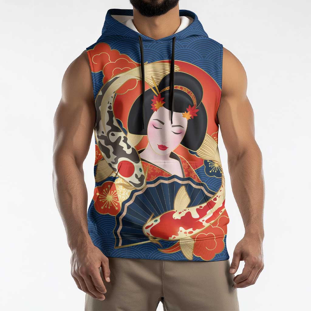 Japanese Geisha Koi Fish Sleeveless Hoodie Cherry Blossoms Blue Seigaiha Pattern - Polynesian Pride