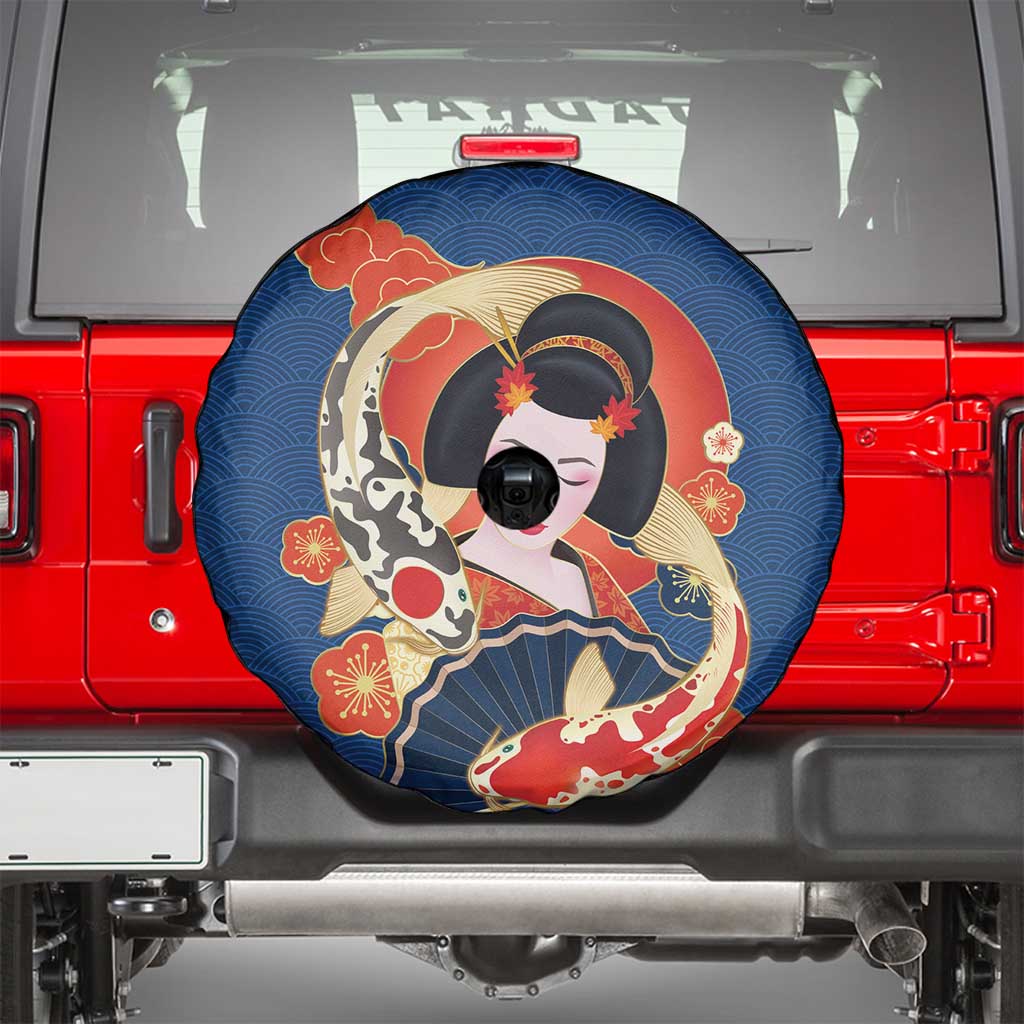Japanese Geisha Koi Fish Spare Tire Cover Cherry Blossoms Blue Seigaiha Pattern - Polynesian Pride