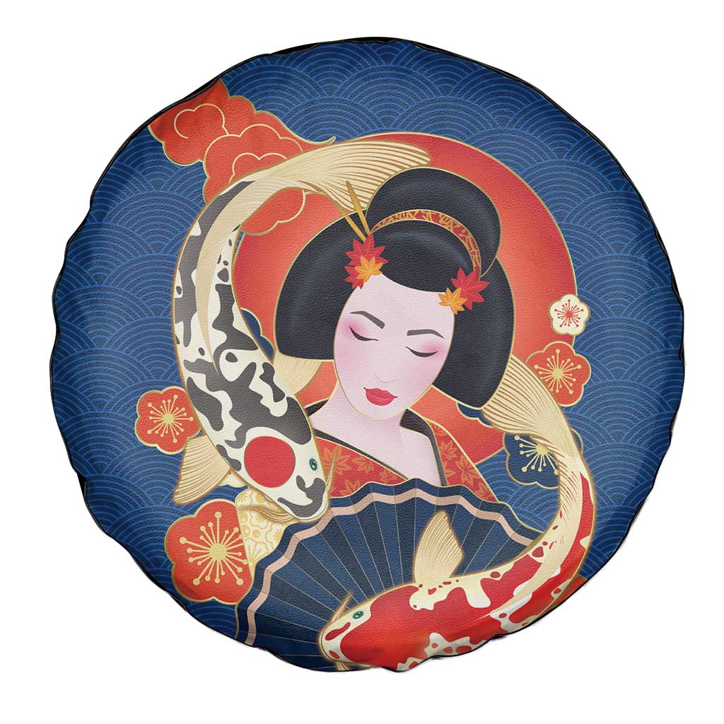 Japanese Geisha Koi Fish Spare Tire Cover Cherry Blossoms Blue Seigaiha Pattern - Polynesian Pride