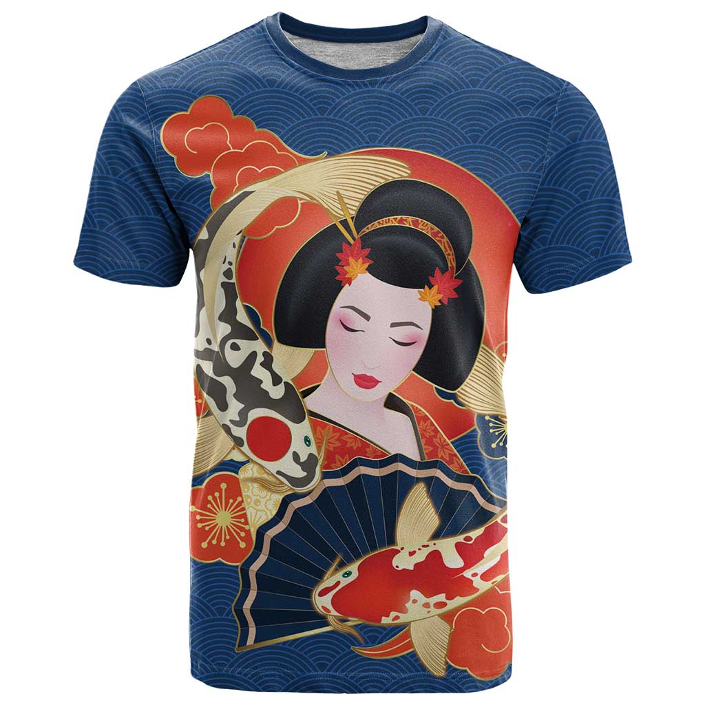 Japanese Geisha Koi Fish T Shirt Cherry Blossoms Blue Seigaiha Pattern - Polynesian Pride