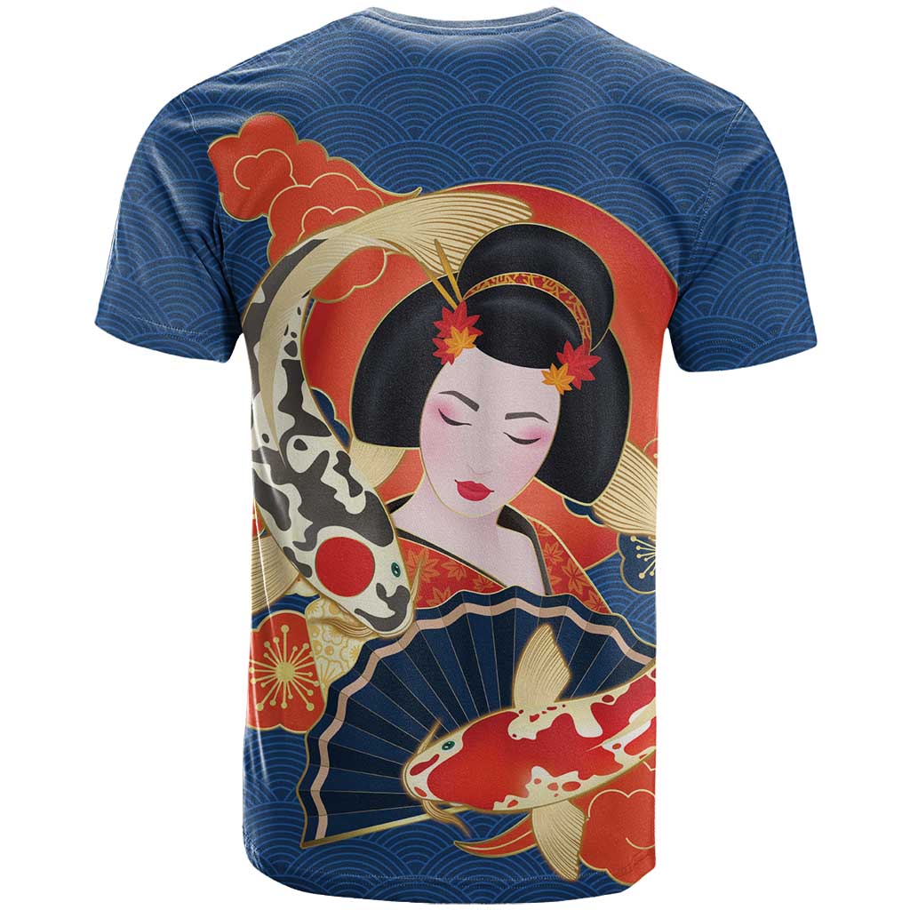 Japanese Geisha Koi Fish T Shirt Cherry Blossoms Blue Seigaiha Pattern - Polynesian Pride