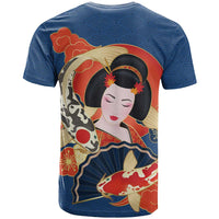 Japanese Geisha Koi Fish T Shirt Cherry Blossoms Blue Seigaiha Pattern - Polynesian Pride