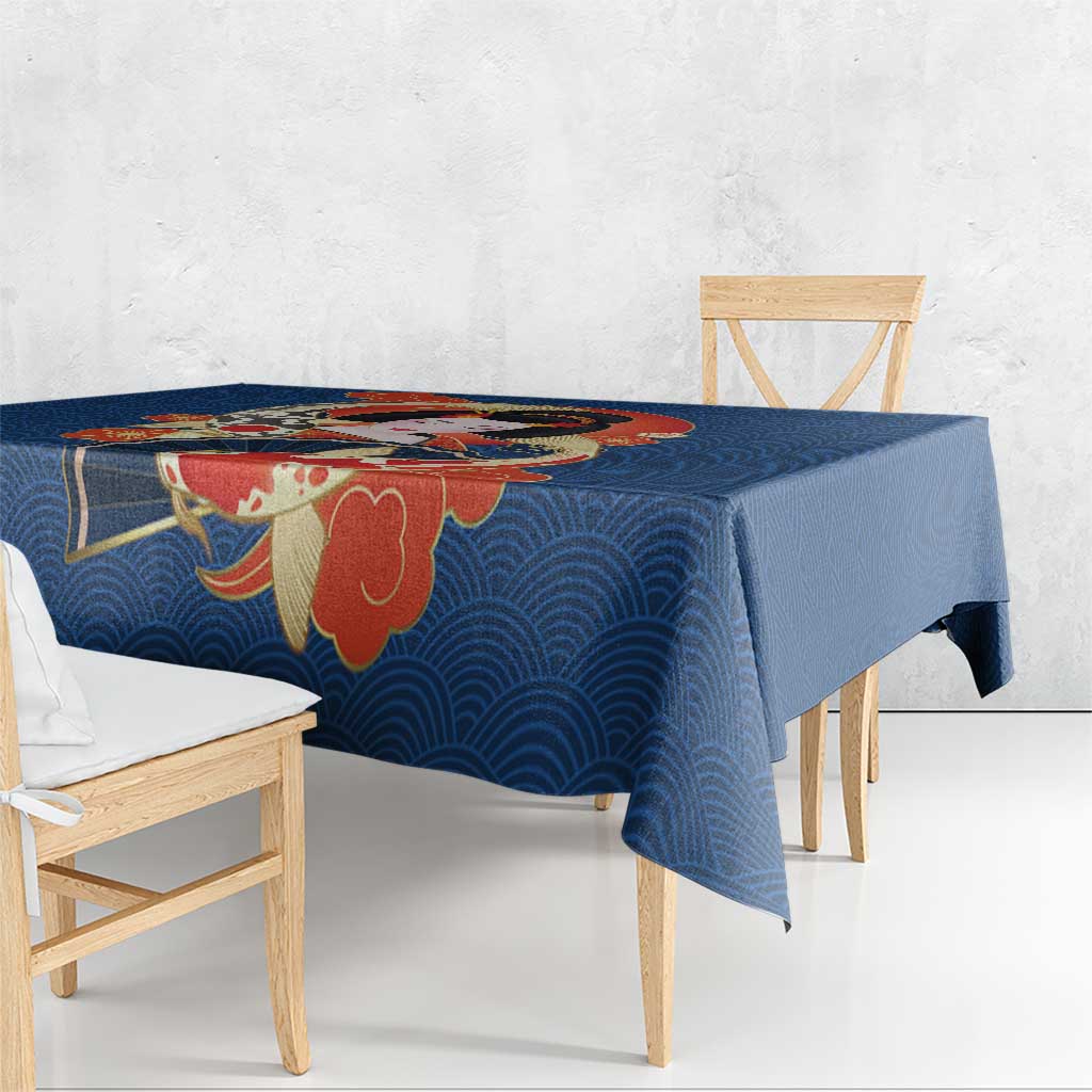 Japanese Geisha Koi Fish Tablecloth Cherry Blossoms Blue Seigaiha Pattern - Polynesian Pride