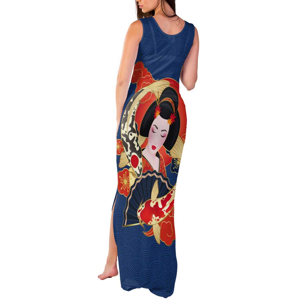 Japanese Geisha Koi Fish Tank Maxi Dress Cherry Blossoms Blue Seigaiha Pattern - Polynesian Pride