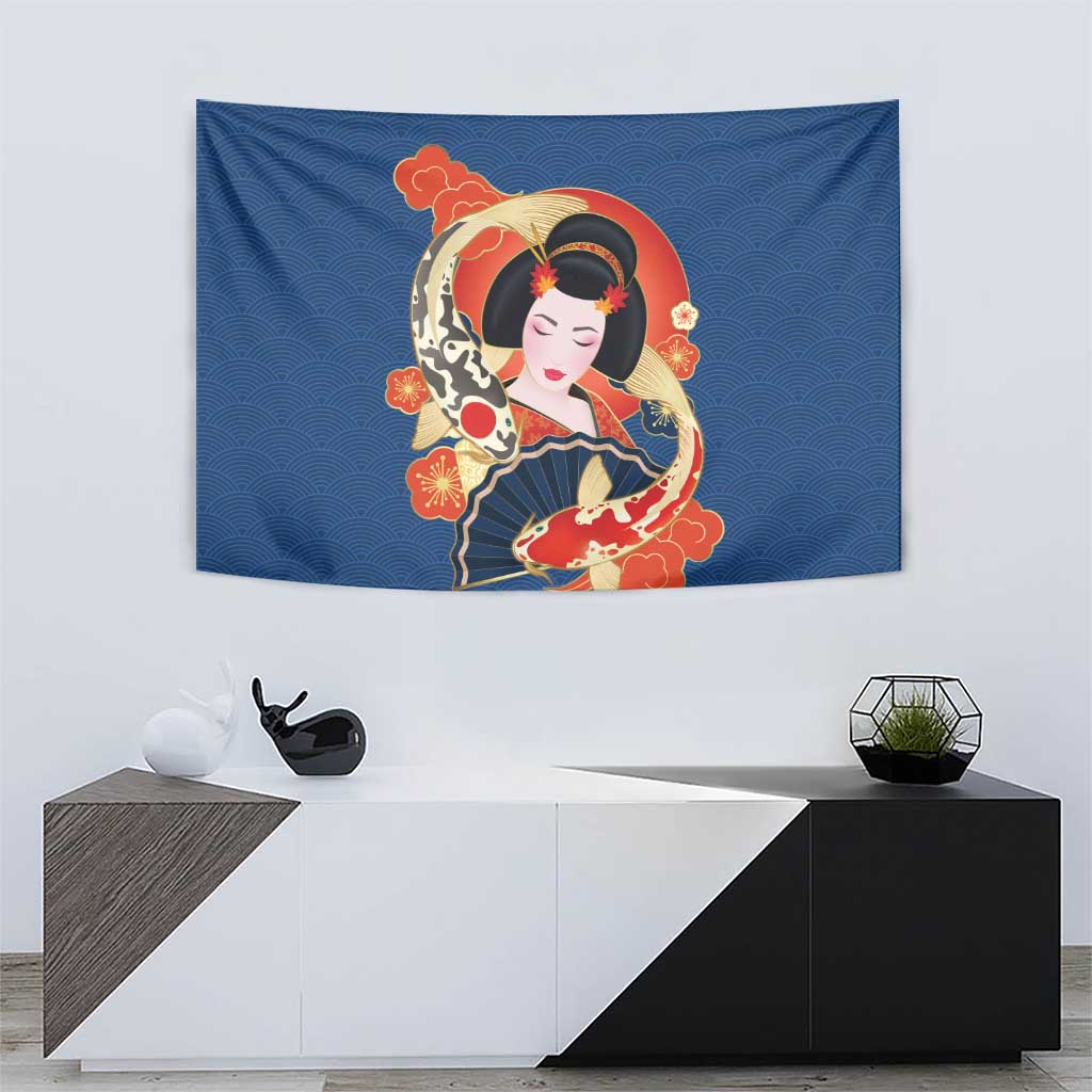 Japanese Geisha Koi Fish Tapestry Cherry Blossoms Blue Seigaiha Pattern - Polynesian Pride
