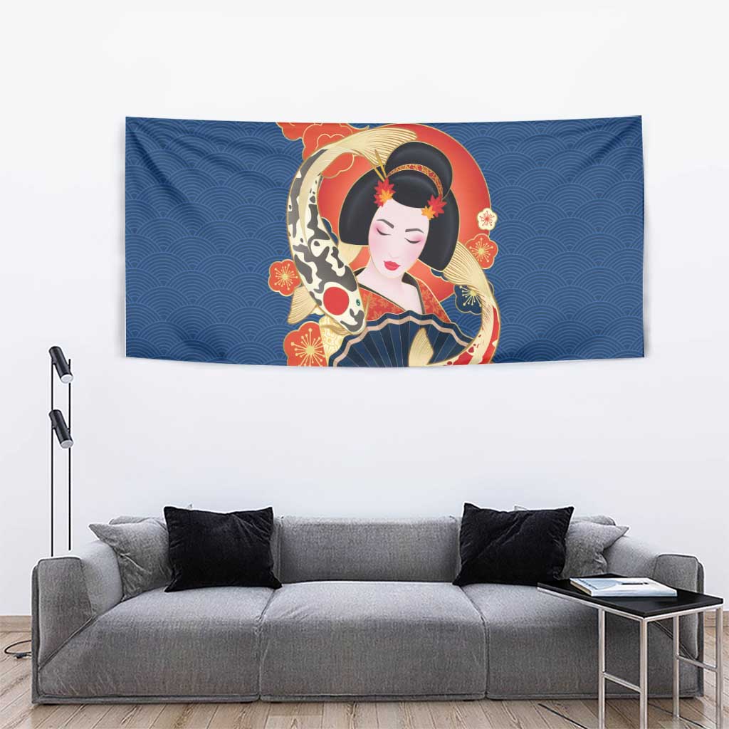 Japanese Geisha Koi Fish Tapestry Cherry Blossoms Blue Seigaiha Pattern - Polynesian Pride