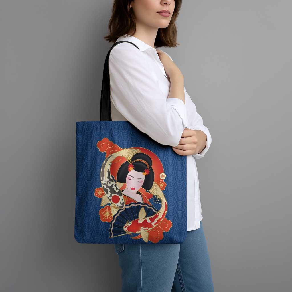 Japanese Geisha Koi Fish Tote Bag Cherry Blossoms Blue Seigaiha Pattern LT14 - Polynesian Pride