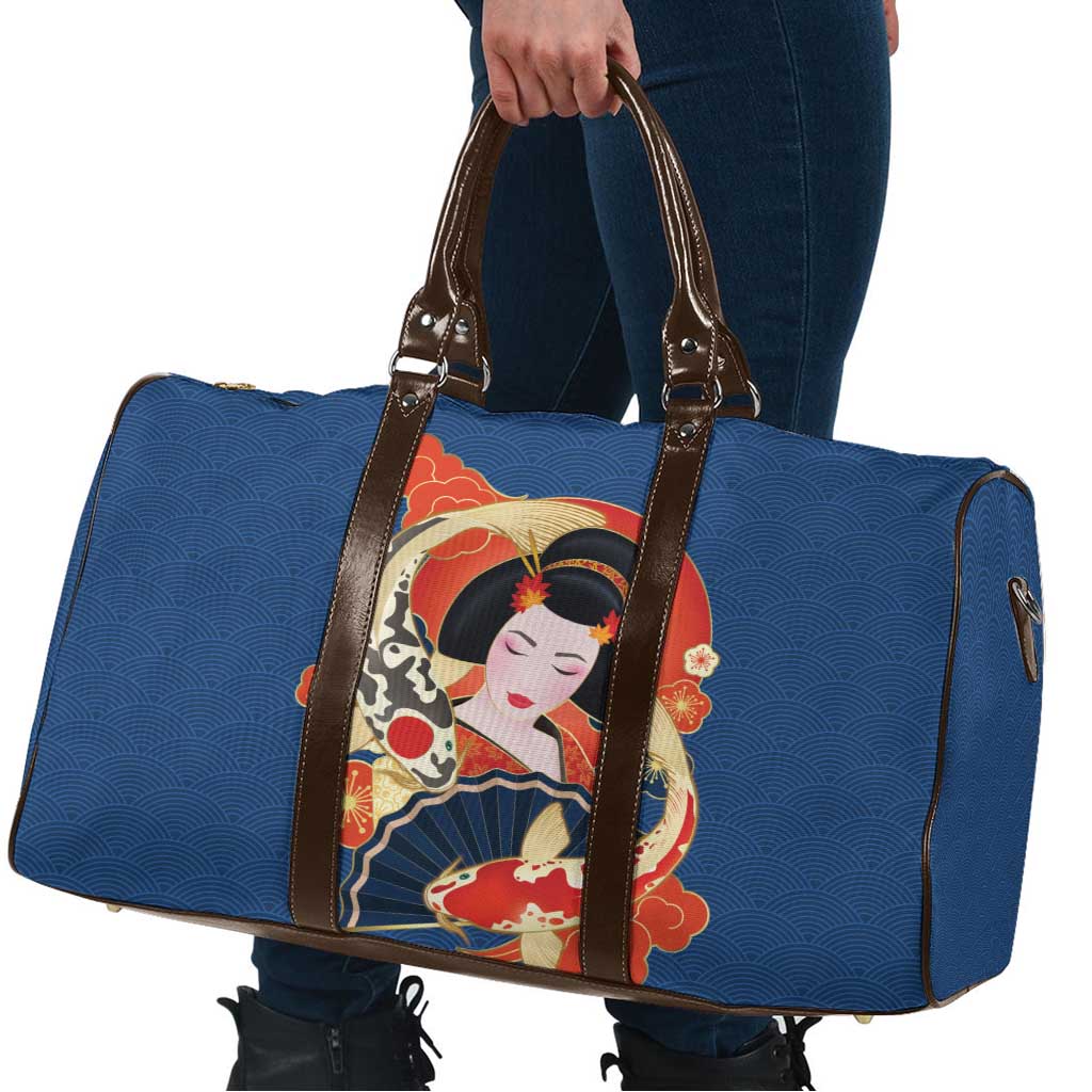 Japanese Geisha Koi Fish Travel Bag Cherry Blossoms Blue Seigaiha Pattern - Polynesian Pride