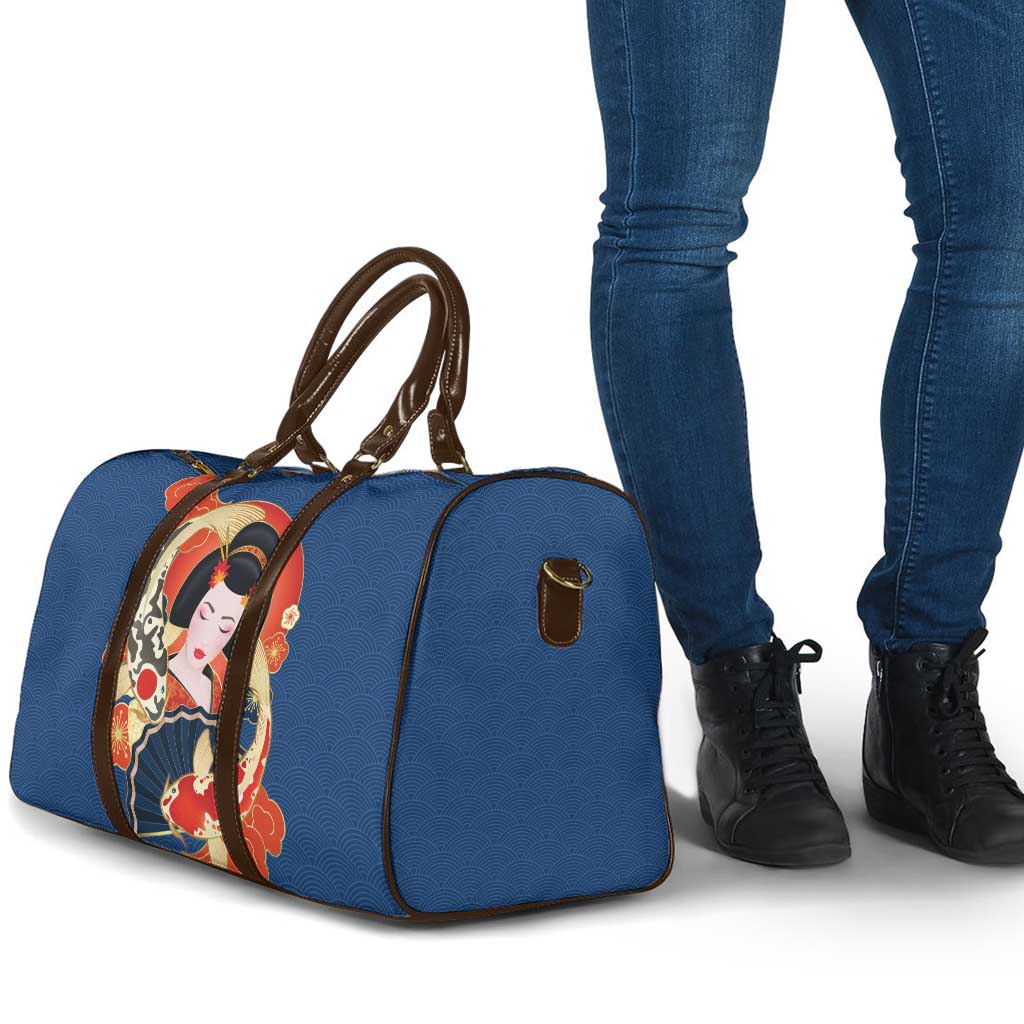 Japanese Geisha Koi Fish Travel Bag Cherry Blossoms Blue Seigaiha Pattern - Polynesian Pride