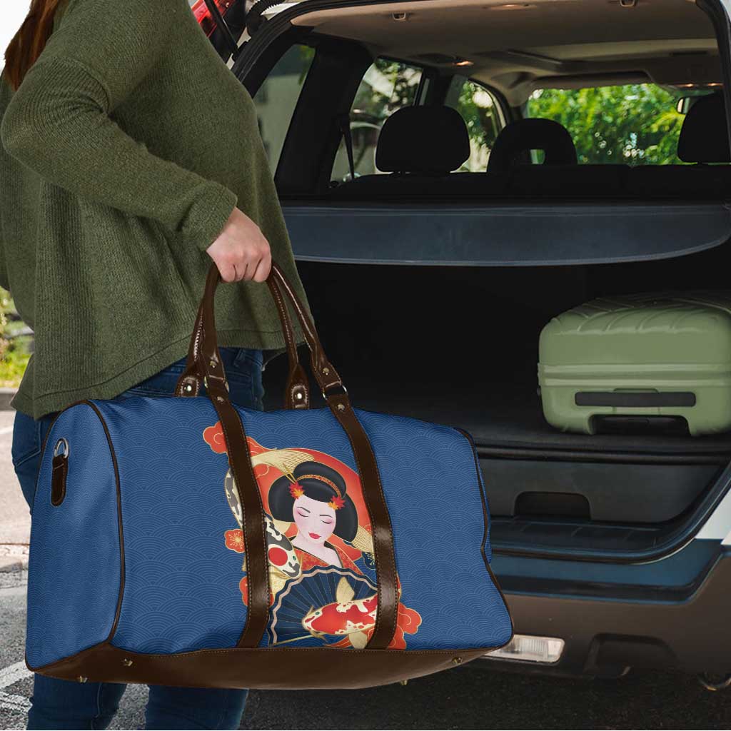 Japanese Geisha Koi Fish Travel Bag Cherry Blossoms Blue Seigaiha Pattern - Polynesian Pride