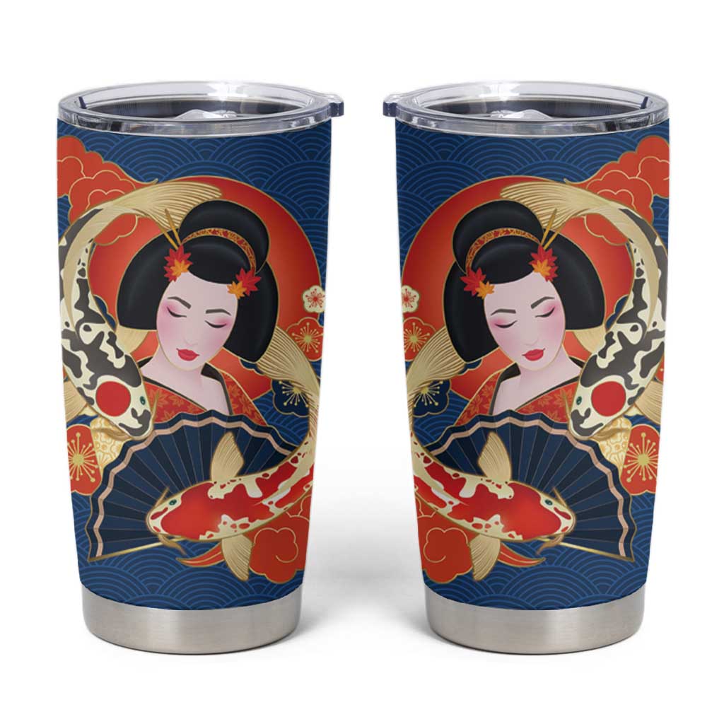 Japanese Geisha Koi Fish Tumbler Cup Cherry Blossoms Blue Seigaiha Pattern - Polynesian Pride
