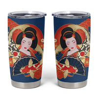 Japanese Geisha Koi Fish Tumbler Cup Cherry Blossoms Blue Seigaiha Pattern - Polynesian Pride