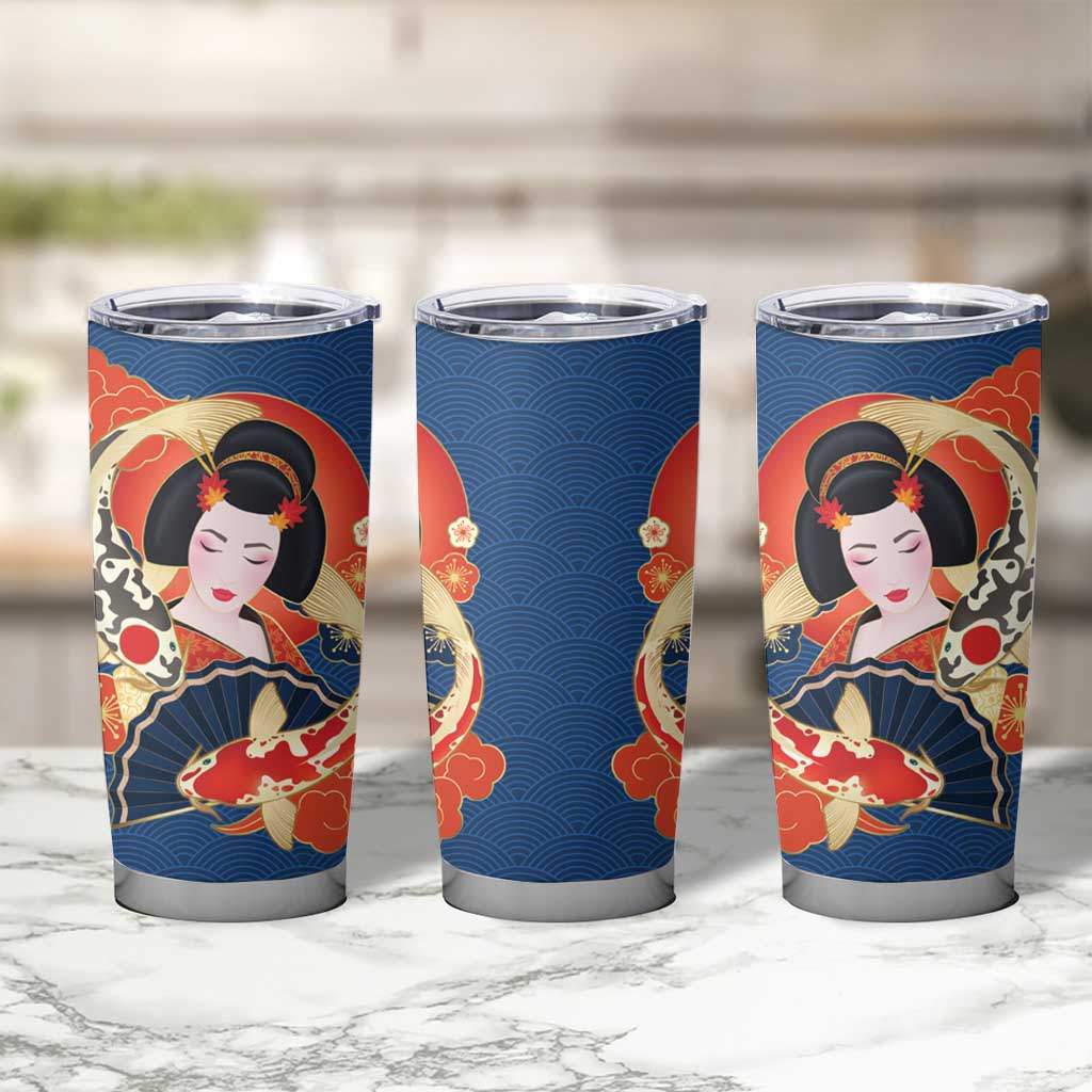 Japanese Geisha Koi Fish Tumbler Cup Cherry Blossoms Blue Seigaiha Pattern - Polynesian Pride