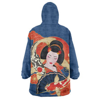 Japanese Geisha Koi Fish Wearable Blanket Hoodie Cherry Blossoms Blue Seigaiha Pattern - Polynesian Pride