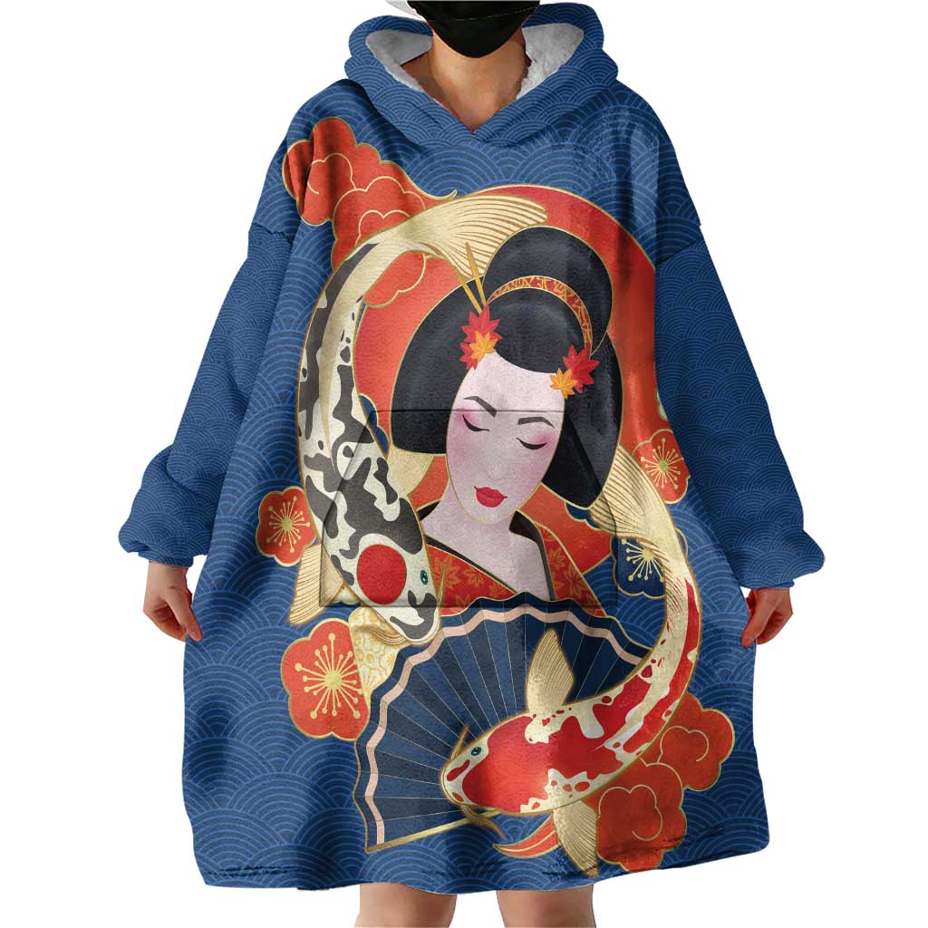 Japanese Geisha Koi Fish Wearable Blanket Hoodie Cherry Blossoms Blue Seigaiha Pattern - Polynesian Pride