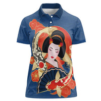 Japanese Geisha Koi Fish Women Polo Shirt Cherry Blossoms Blue Seigaiha Pattern - Polynesian Pride