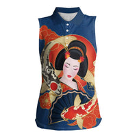 Japanese Geisha Koi Fish Women Sleeveless Polo Shirt Cherry Blossoms Blue Seigaiha Pattern - Polynesian Pride