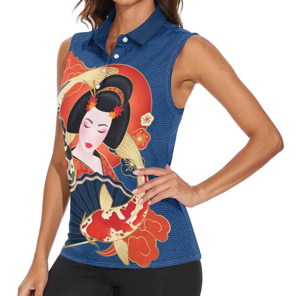 Japanese Geisha Koi Fish Women Sleeveless Polo Shirt Cherry Blossoms Blue Seigaiha Pattern - Polynesian Pride
