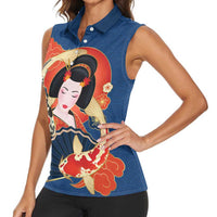 Japanese Geisha Koi Fish Women Sleeveless Polo Shirt Cherry Blossoms Blue Seigaiha Pattern - Polynesian Pride