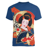 Japanese Geisha Koi Fish Women V-Neck T-Shirt Cherry Blossoms Blue Seigaiha Pattern - Polynesian Pride