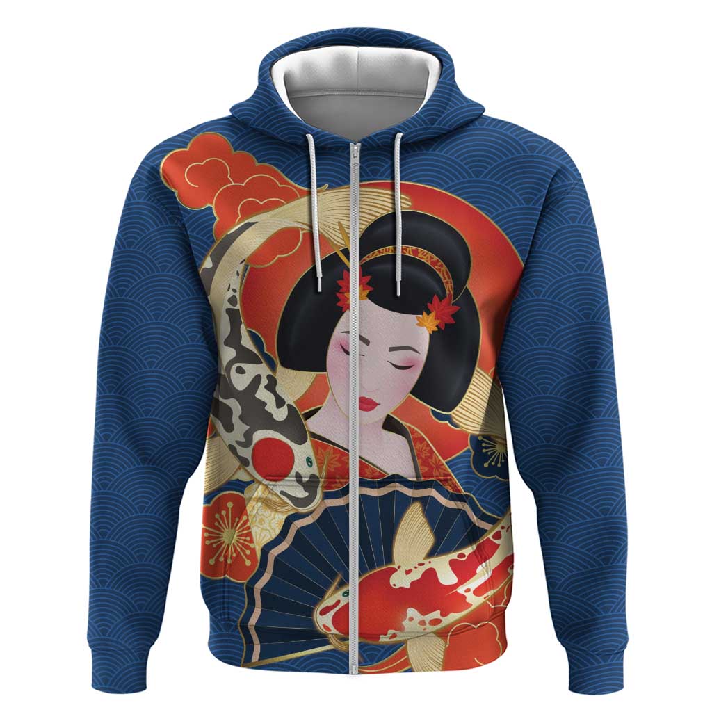 Japanese Geisha Koi Fish Zip Hoodie Cherry Blossoms Blue Seigaiha Pattern - Polynesian Pride