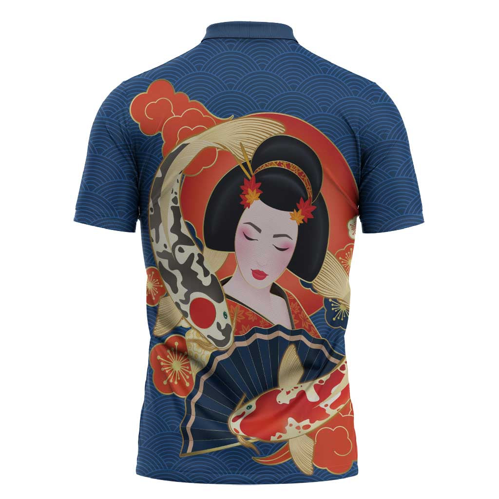 Japanese Geisha Koi Fish Zipper Polo Shirt Cherry Blossoms Blue Seigaiha Pattern - Polynesian Pride
