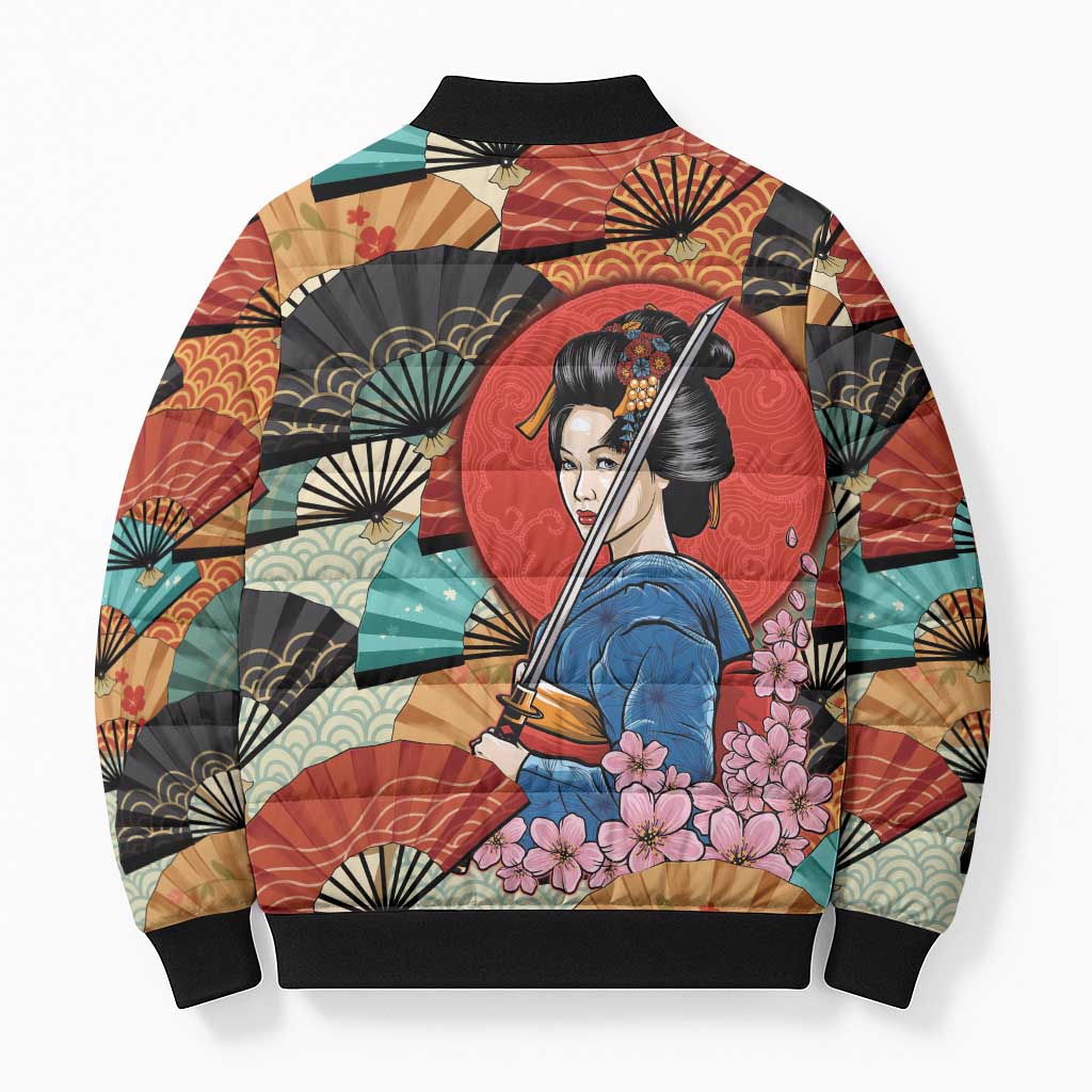 Japanese Geisha Katana Bomber Puffer Jacket Japan Sensu Seigaiha Pattern - Polynesian Pride