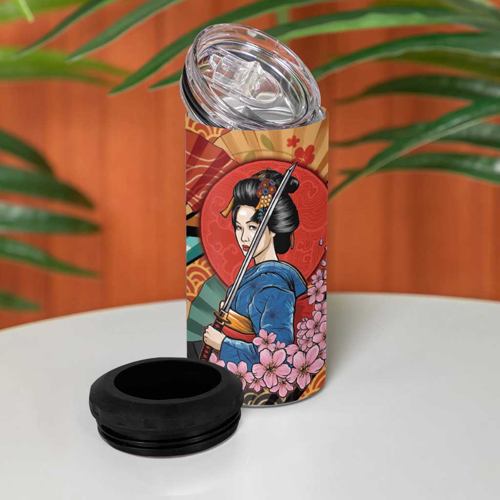 Japanese Geisha Katana 4 in 1 Can Cooler Tumbler Japan Sensu Seigaiha Pattern - Polynesian Pride
