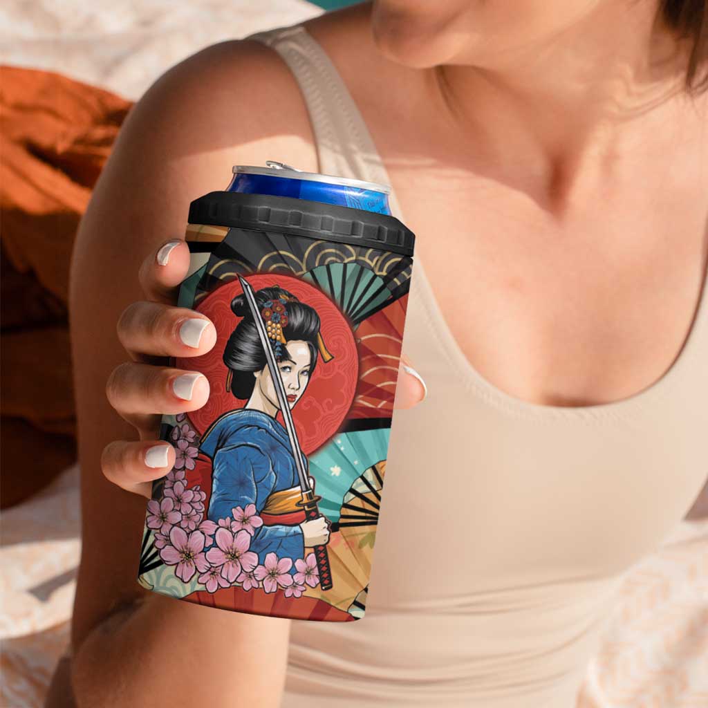 Japanese Geisha Katana 4 in 1 Can Cooler Tumbler Japan Sensu Seigaiha Pattern - Polynesian Pride
